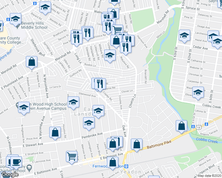 map of restaurants, bars, coffee shops, grocery stores, and more near 7136 Radbourne Road in Upper Darby