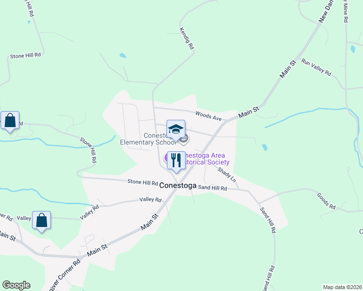 map of restaurants, bars, coffee shops, grocery stores, and more near 100 Hill Street in Conestoga