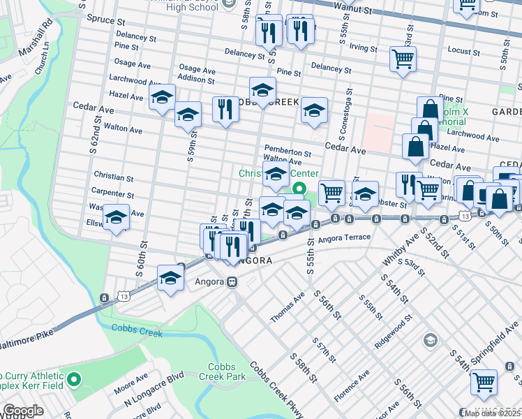 map of restaurants, bars, coffee shops, grocery stores, and more near 5643 Montrose Street in Philadelphia
