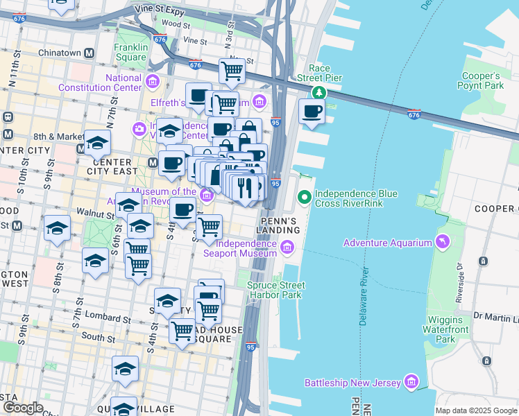map of restaurants, bars, coffee shops, grocery stores, and more near 24 Chestnut Street in Philadelphia