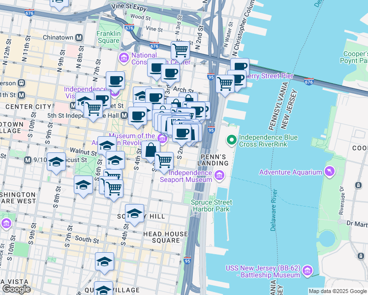 map of restaurants, bars, coffee shops, grocery stores, and more near 107 South 2nd Street in Philadelphia