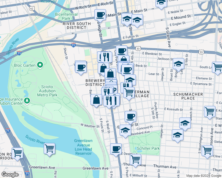 map of restaurants, bars, coffee shops, grocery stores, and more near 684 U.S. 23 in Columbus