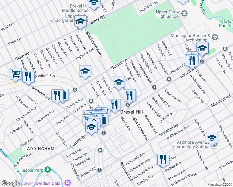 map of restaurants, bars, coffee shops, grocery stores, and more near 454 Shadeland Avenue in Drexel Hill