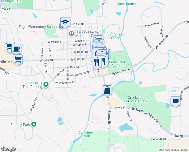 map of restaurants, bars, coffee shops, grocery stores, and more near 190 West Sycamore Street in Zionsville