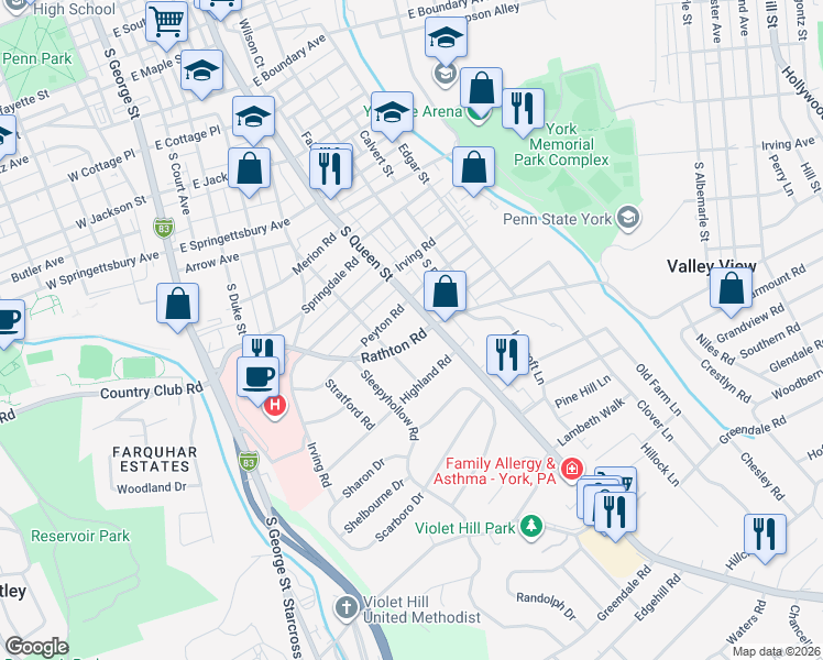 map of restaurants, bars, coffee shops, grocery stores, and more near 161 Rathton Road in York