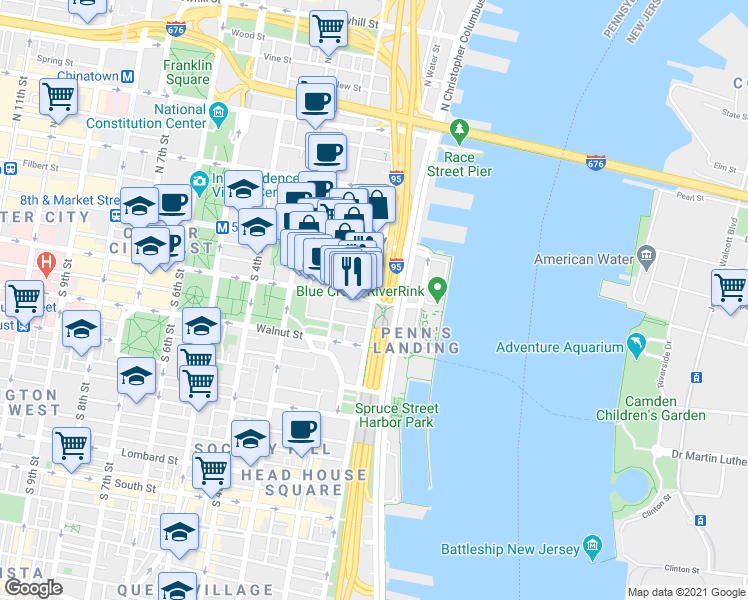 map of restaurants, bars, coffee shops, grocery stores, and more near Chestnut Street & South Front Street in Philadelphia