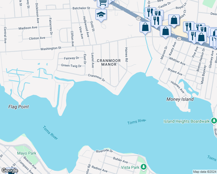 map of restaurants, bars, coffee shops, grocery stores, and more near 63 Cranmoor Drive in Toms River
