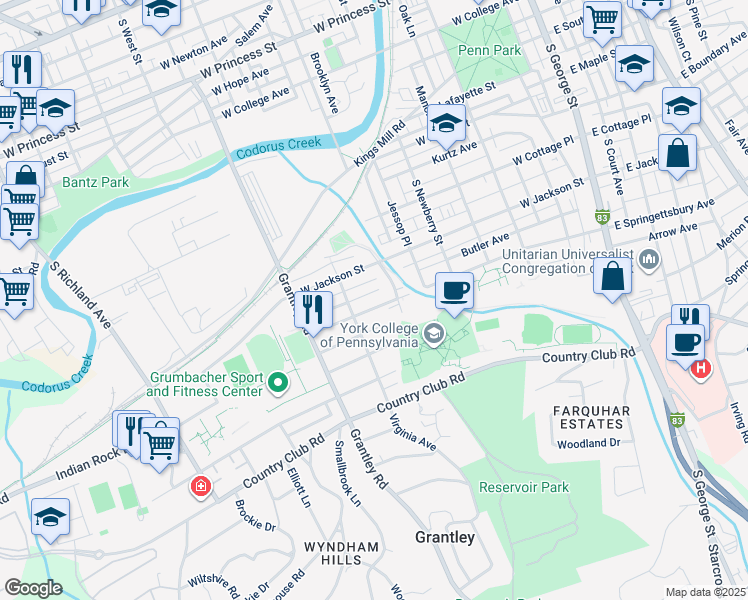 map of restaurants, bars, coffee shops, grocery stores, and more near 433 West Springettsbury Avenue in York