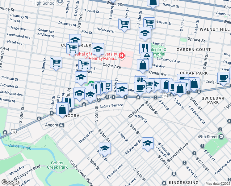 map of restaurants, bars, coffee shops, grocery stores, and more near 5343 Baltimore Avenue in Philadelphia
