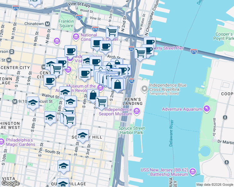 map of restaurants, bars, coffee shops, grocery stores, and more near 122 Chestnut Street in Philadelphia
