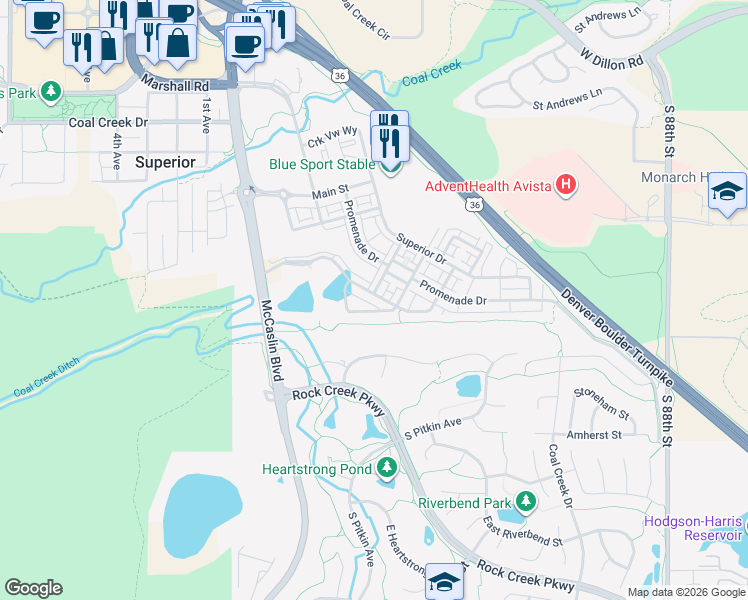 map of restaurants, bars, coffee shops, grocery stores, and more near 616 Discovery Parkway in Superior