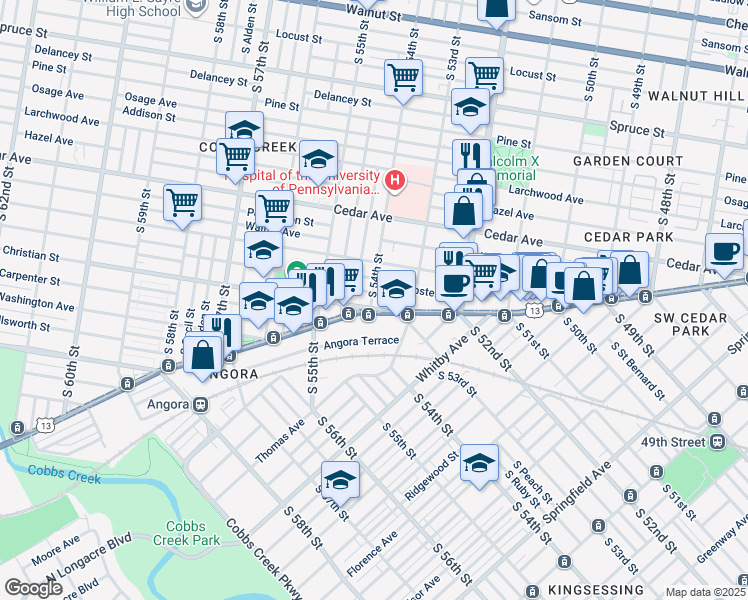 map of restaurants, bars, coffee shops, grocery stores, and more near 5343 Baltimore Avenue in Philadelphia