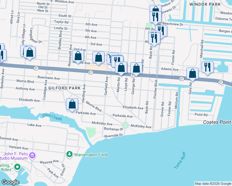 map of restaurants, bars, coffee shops, grocery stores, and more near 109 Swan Boulevard in Toms River