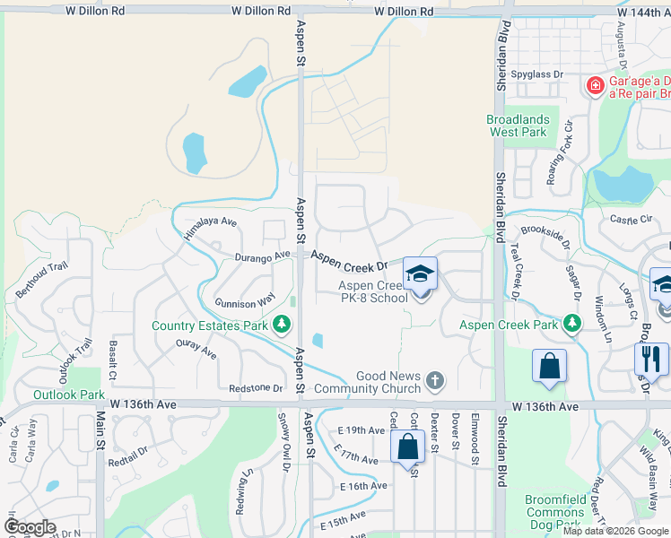 map of restaurants, bars, coffee shops, grocery stores, and more near 5786 Aspen Creek Drive in Broomfield