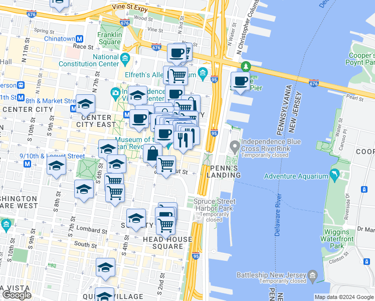 map of restaurants, bars, coffee shops, grocery stores, and more near 107 South 2nd Street in Philadelphia