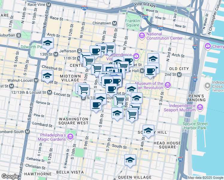 map of restaurants, bars, coffee shops, grocery stores, and more near 709 Walnut Street in Philadelphia