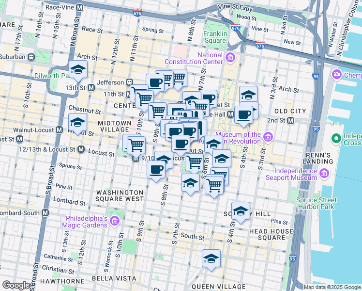 map of restaurants, bars, coffee shops, grocery stores, and more near 709 Walnut Street in Philadelphia