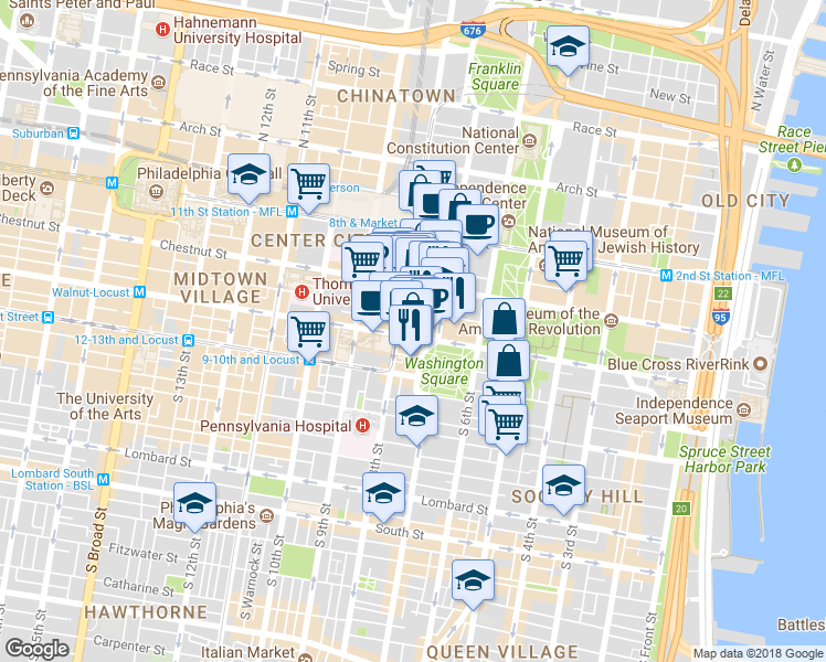map of restaurants, bars, coffee shops, grocery stores, and more near 709 Walnut Street in Philadelphia
