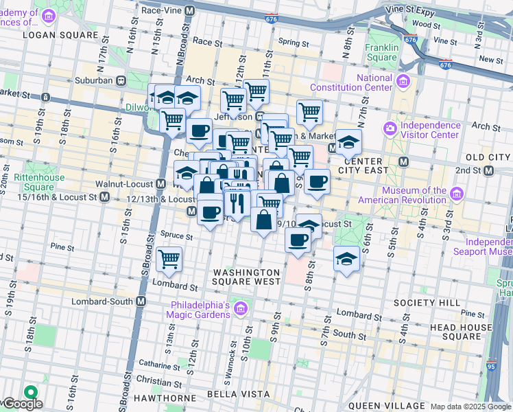 map of restaurants, bars, coffee shops, grocery stores, and more near in Philadelphia