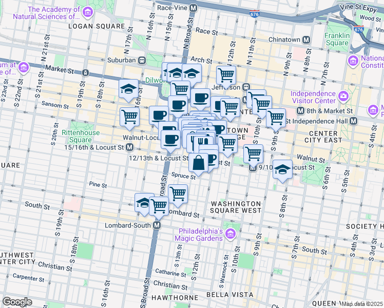 map of restaurants, bars, coffee shops, grocery stores, and more near 1305 Locust Street in Philadelphia