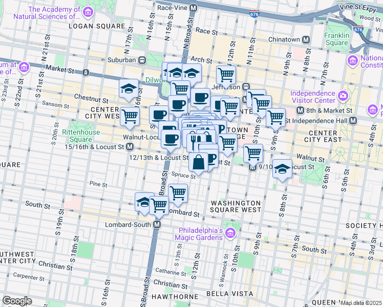 map of restaurants, bars, coffee shops, grocery stores, and more near 1301 Locust Street in Philadelphia