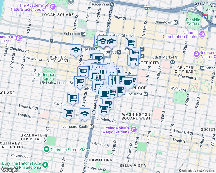 map of restaurants, bars, coffee shops, grocery stores, and more near 1324 Locust Street in Philadelphia
