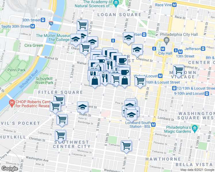 map of restaurants, bars, coffee shops, grocery stores, and more near in Philadelphia