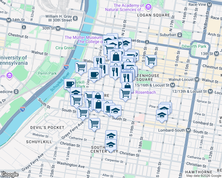 map of restaurants, bars, coffee shops, grocery stores, and more near 2123 Cypress Street in Philadelphia