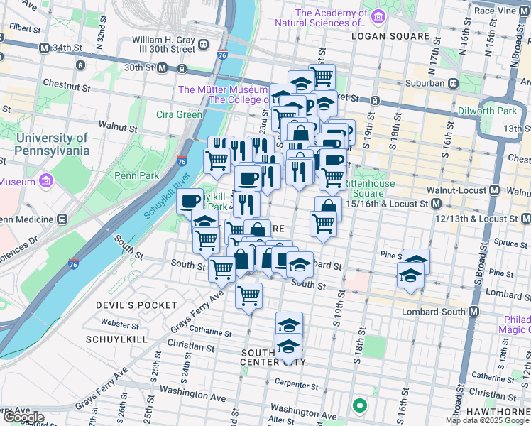 map of restaurants, bars, coffee shops, grocery stores, and more near in Philadelphia