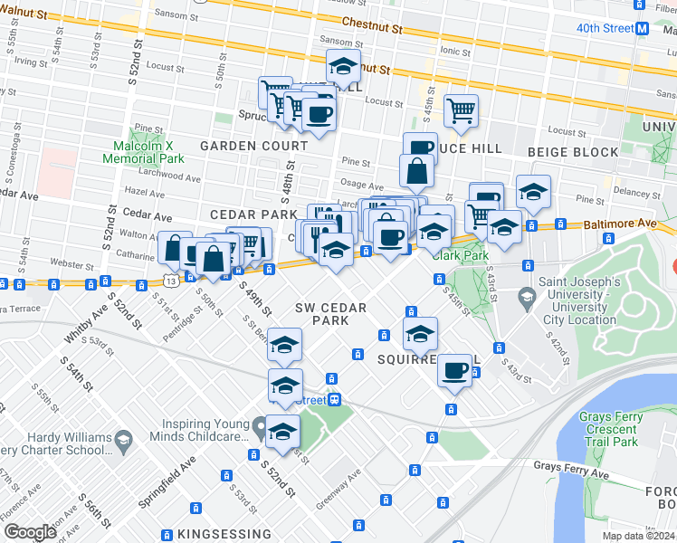 map of restaurants, bars, coffee shops, grocery stores, and more near 907 South 47th Street in Philadelphia