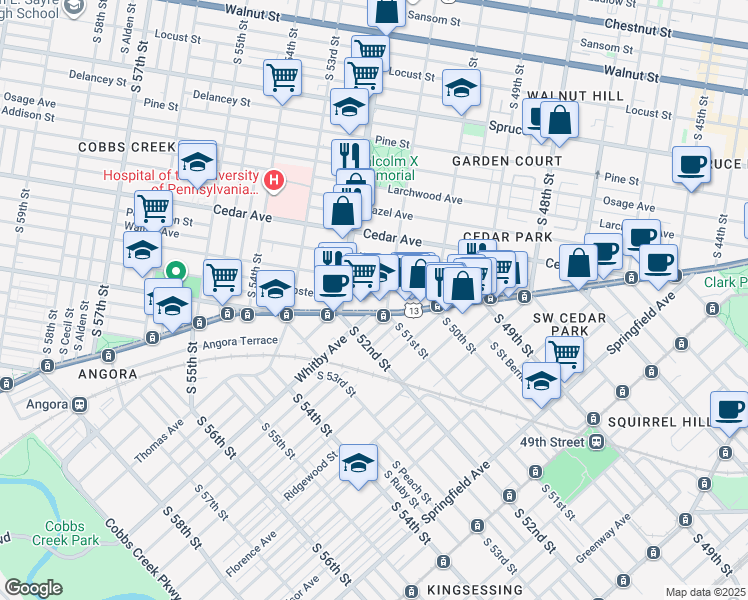 map of restaurants, bars, coffee shops, grocery stores, and more near 5129 Baltimore Avenue in Philadelphia