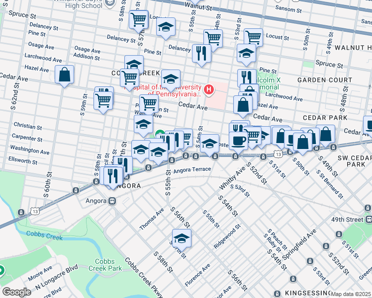 map of restaurants, bars, coffee shops, grocery stores, and more near 5417 Baltimore Avenue in Philadelphia