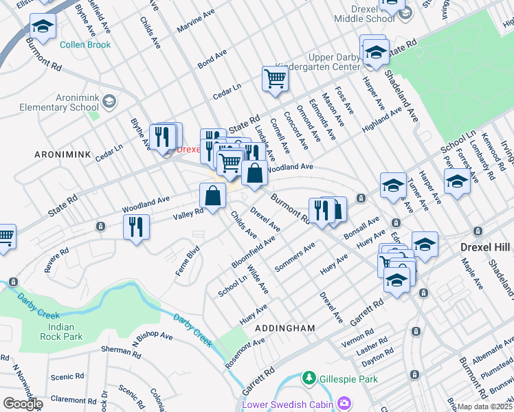 map of restaurants, bars, coffee shops, grocery stores, and more near 645 Drexel Avenue in Drexel Hill