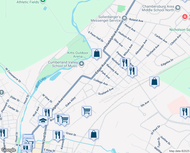 map of restaurants, bars, coffee shops, grocery stores, and more near 1038 Edgar Avenue in Chambersburg