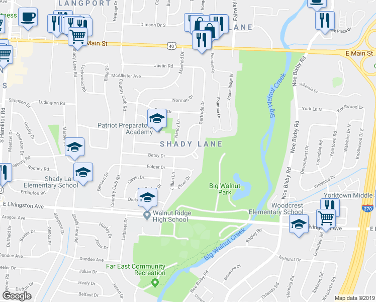 map of restaurants, bars, coffee shops, grocery stores, and more near 5038 Betsy Drive in Columbus