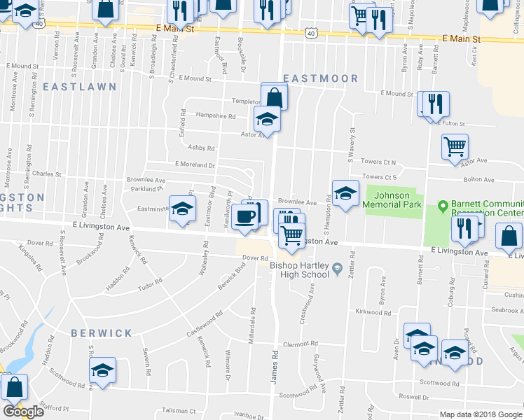 map of restaurants, bars, coffee shops, grocery stores, and more near 1124 South James Road in Columbus