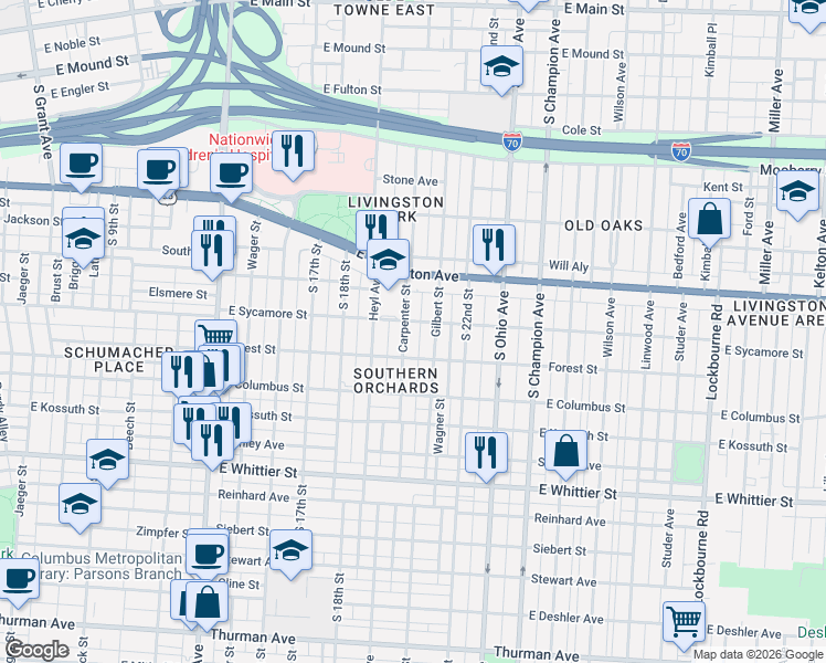 map of restaurants, bars, coffee shops, grocery stores, and more near 813 Carpenter Street in Columbus
