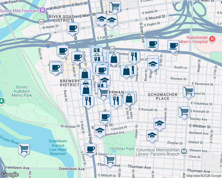 map of restaurants, bars, coffee shops, grocery stores, and more near in Columbus