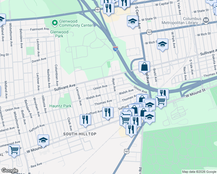 map of restaurants, bars, coffee shops, grocery stores, and more near 457 Ryan Avenue in Columbus