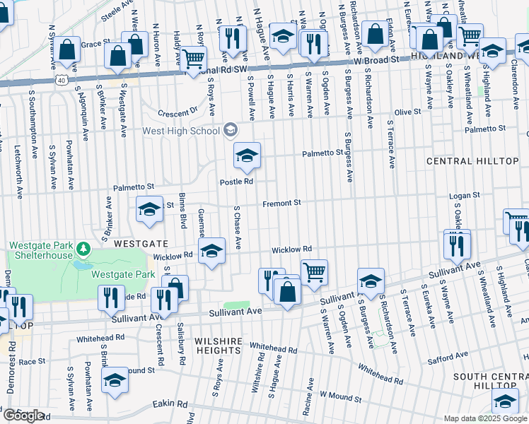 map of restaurants, bars, coffee shops, grocery stores, and more near 334 South Powell Avenue in Columbus