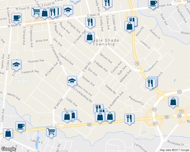 map of restaurants, bars, coffee shops, grocery stores, and more near 446 Elm Avenue in Maple Shade Township