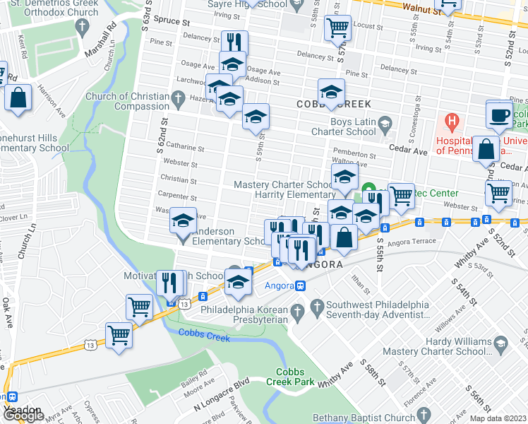 map of restaurants, bars, coffee shops, grocery stores, and more near 5839 Carpenter Street in Philadelphia