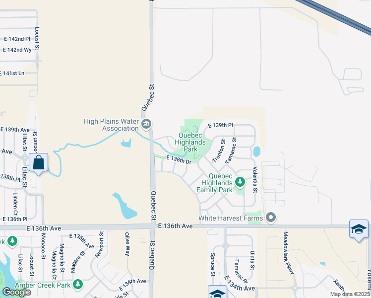 map of restaurants, bars, coffee shops, grocery stores, and more near Quebec Highlands Park Fitness Trail in Thornton
