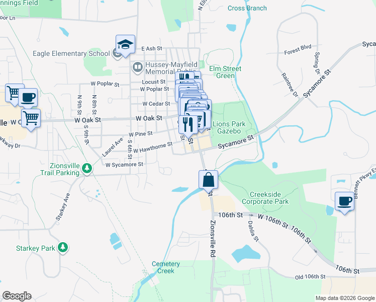 map of restaurants, bars, coffee shops, grocery stores, and more near 190 West Sycamore Street in Zionsville