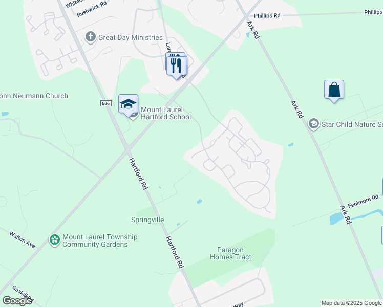 map of restaurants, bars, coffee shops, grocery stores, and more near 19 Eddlewood Place in Mount Laurel Township