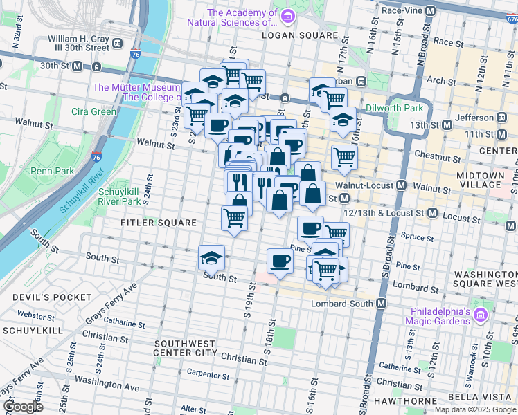 map of restaurants, bars, coffee shops, grocery stores, and more near 1907 Spruce Street in Philadelphia