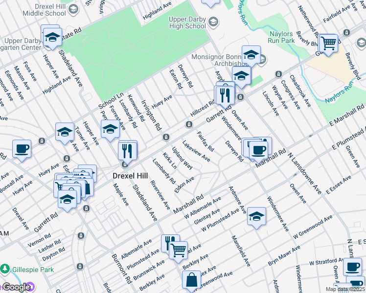 map of restaurants, bars, coffee shops, grocery stores, and more near 392 Lakeview Avenue in Drexel Hill