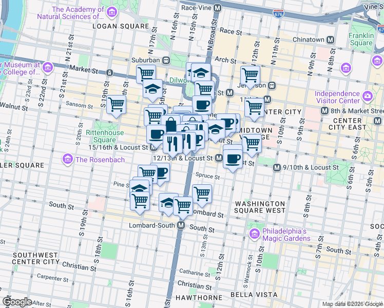 map of restaurants, bars, coffee shops, grocery stores, and more near 240 South Broad Street in Philadelphia