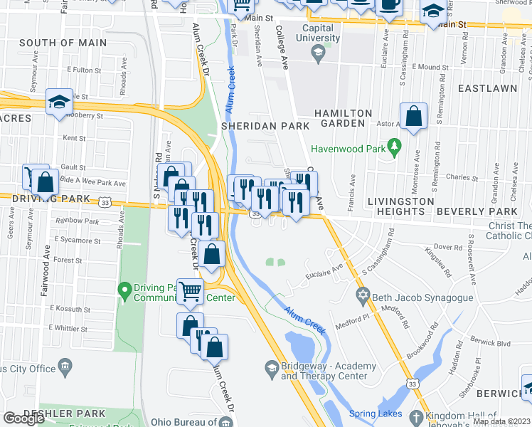 map of restaurants, bars, coffee shops, grocery stores, and more near E Livingston Ave & Mayfield Pl in Columbus