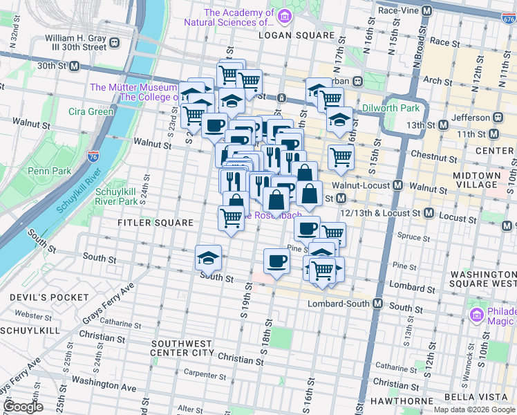 map of restaurants, bars, coffee shops, grocery stores, and more near 1903 Spruce Street in Philadelphia